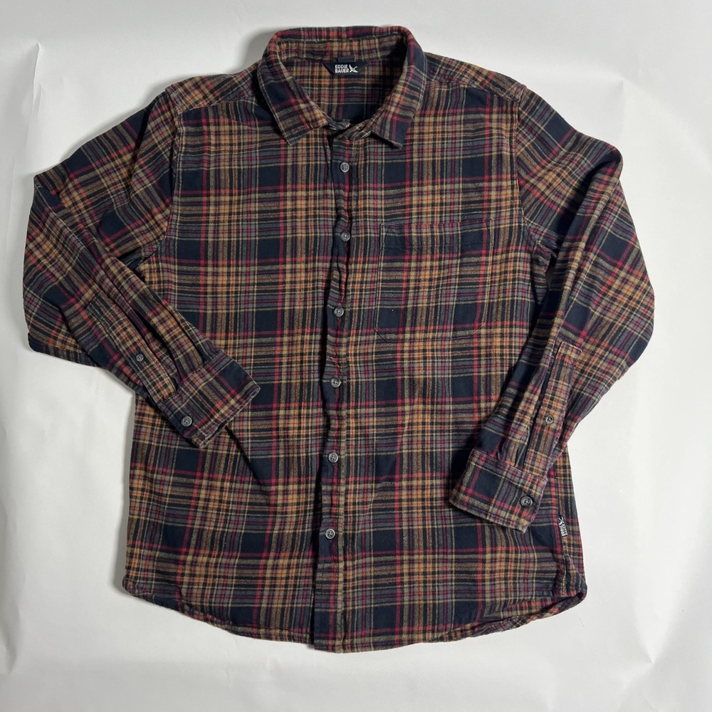 Eddie Bauer Men's M Plaid Flannel Cotton Button-Up Shirt Red,‎ Black Pocket